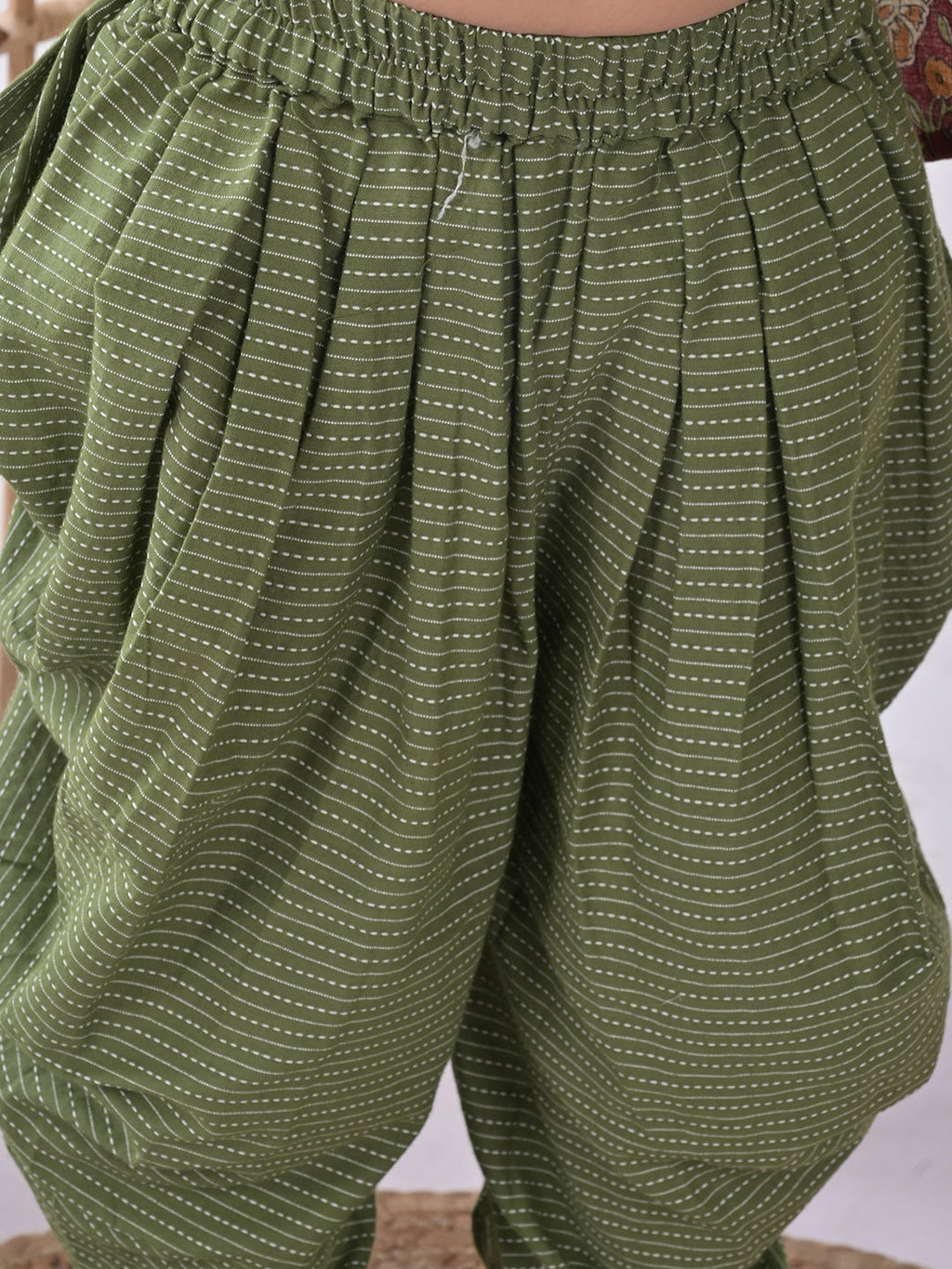 Maroon Printed Kurti with green katha dhoti