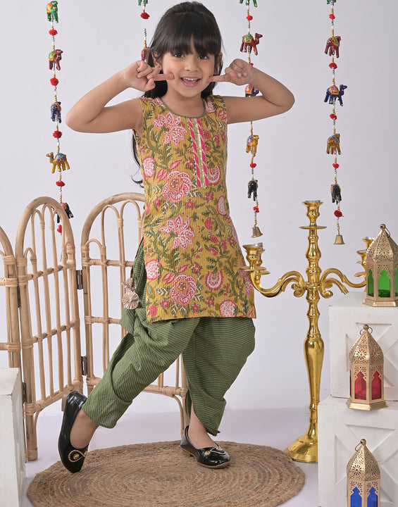 Yellow Printed Kurti with green katha dhoti