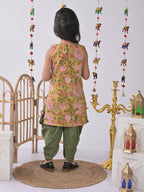 Yellow Printed Kurti with green katha dhoti