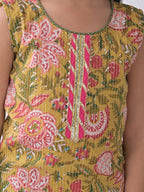 Yellow Printed Kurti with green katha dhoti
