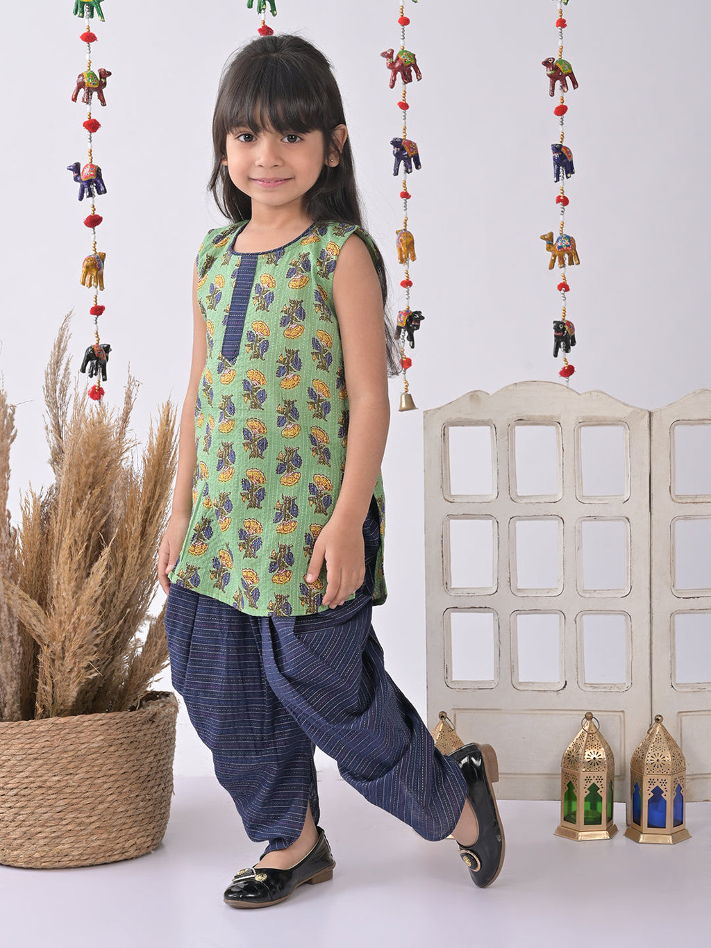 Green Printed katha Kurti with blue katha dhoti