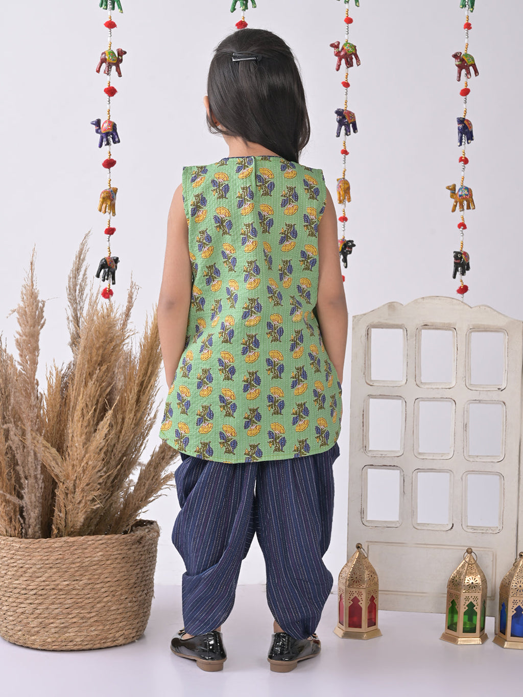 Green Printed katha Kurti with blue katha dhoti