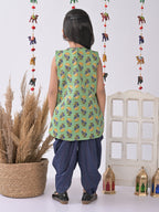 Green Printed katha Kurti with blue katha dhoti