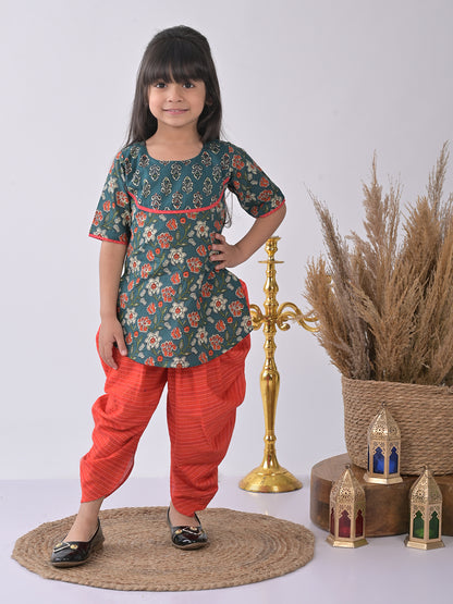 Blue Printed Kurti with red katha dhoti