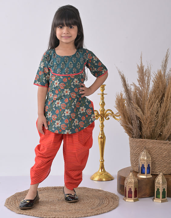 Blue Printed Kurti with red katha dhoti