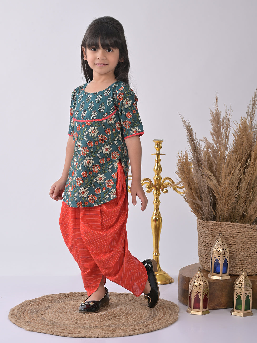 Blue Printed Kurti with red katha dhoti