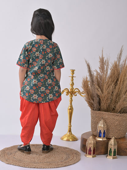 Blue Printed Kurti with red katha dhoti