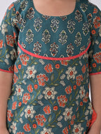 Blue Printed Kurti with red katha dhoti