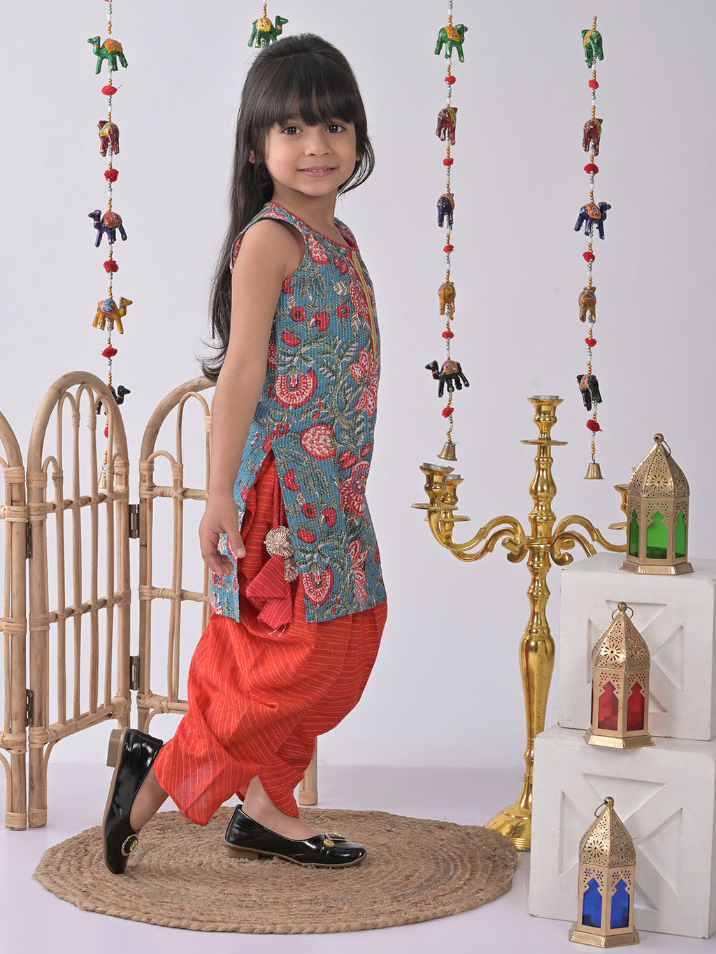 Blue Printed Katha Kurti with red katha dhoti