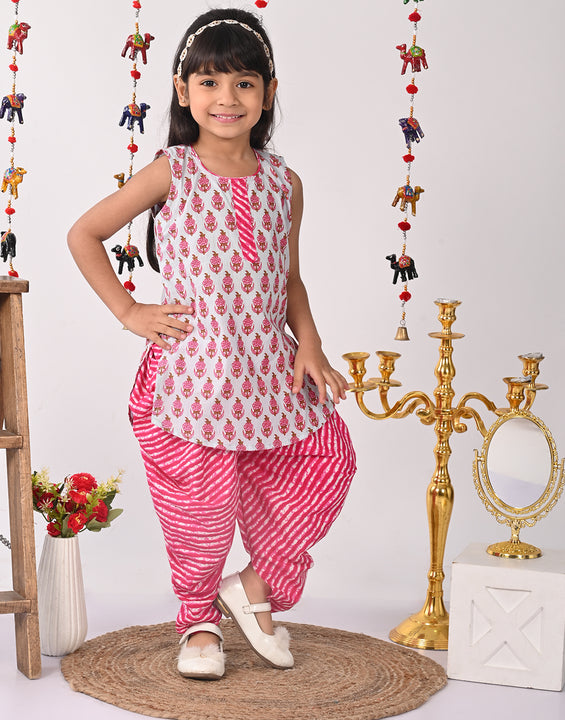 Pink printed Kurti with pink lehriya dhoti