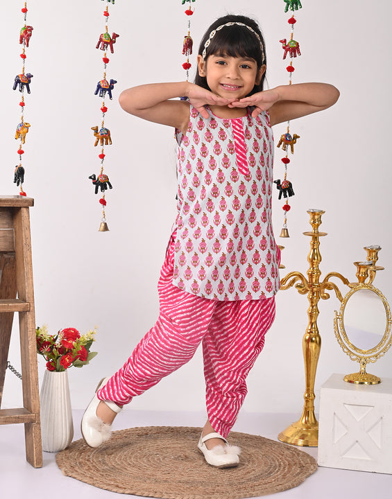 Pink printed Kurti with pink lehriya dhoti