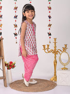 Pink printed Kurti with pink lehriya dhoti