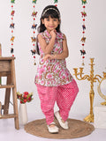 Pink printed shirt style Kurti with pink lehriya dhoti