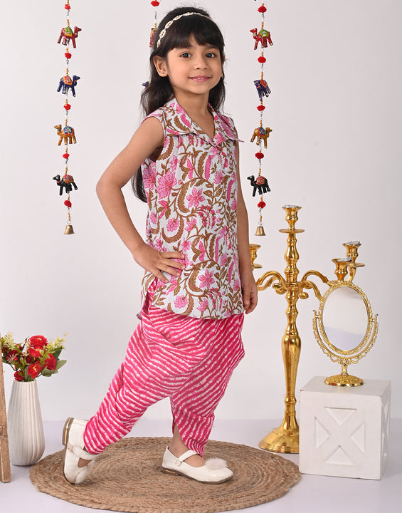 Pink printed shirt style Kurti with pink lehriya dhoti