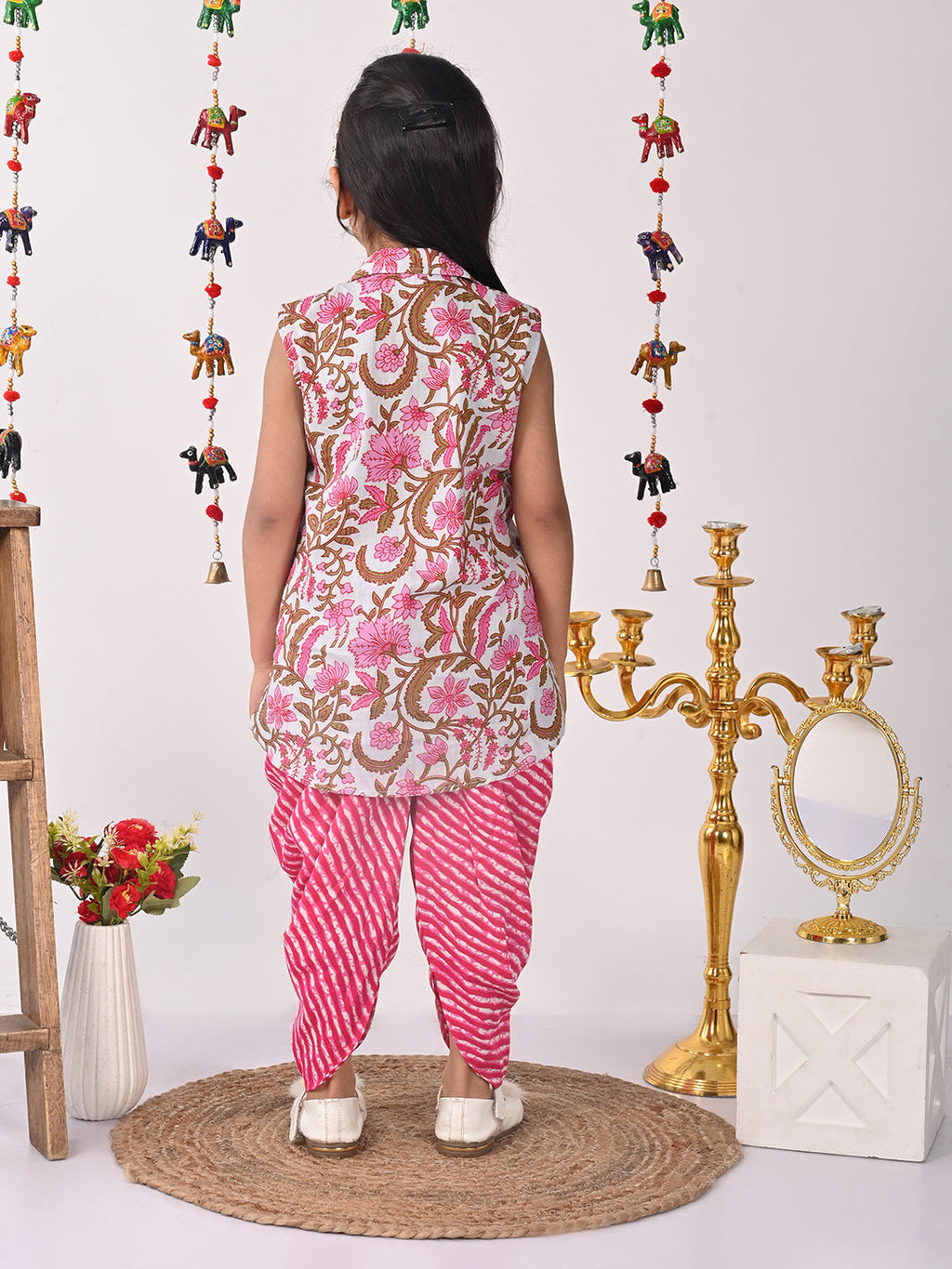 Pink printed shirt style Kurti with pink lehriya dhoti