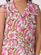 Pink printed shirt style Kurti with pink lehriya dhoti