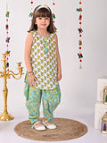 White and Green printed shirt style Kurti with green printed dhoti