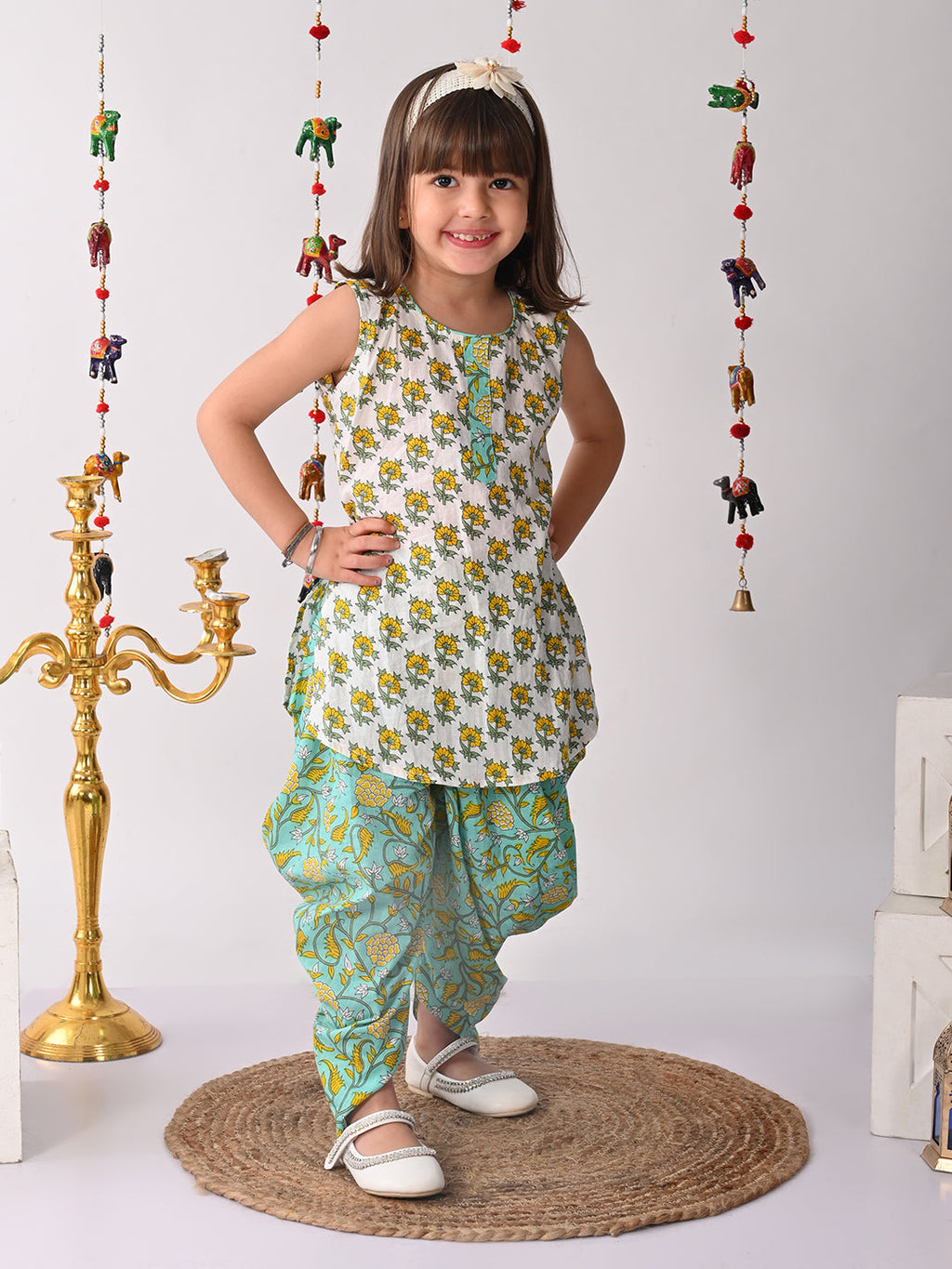 White and Green printed shirt style Kurti with green printed dhoti