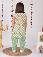 White and Green printed shirt style Kurti with green printed dhoti