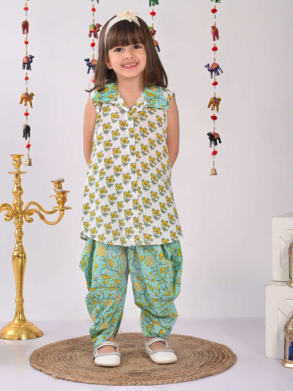 White and Green printed shirt style Kurti with green printed dhoti
