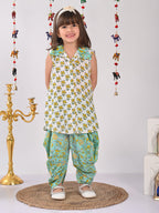 White and Green printed shirt style Kurti with green printed dhoti