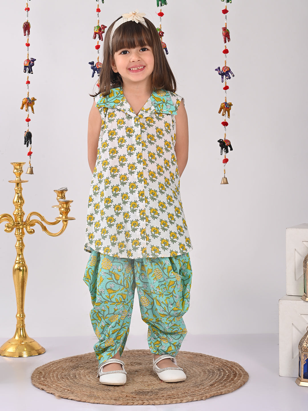 White and Green printed shirt style Kurti with green printed dhoti