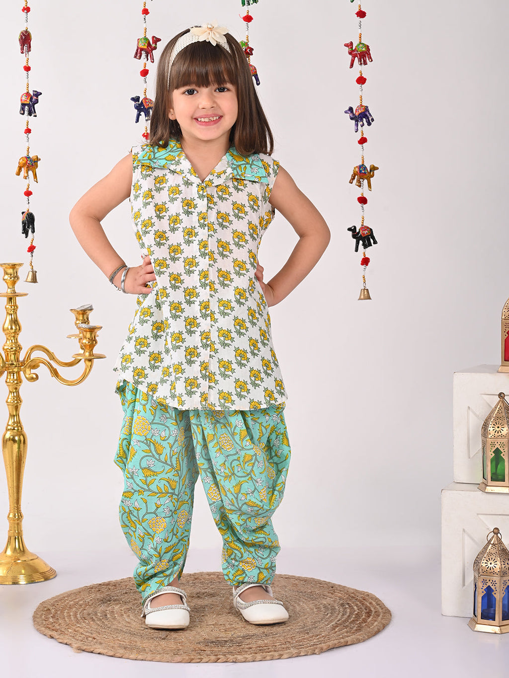 White and Green printed shirt style Kurti with green printed dhoti