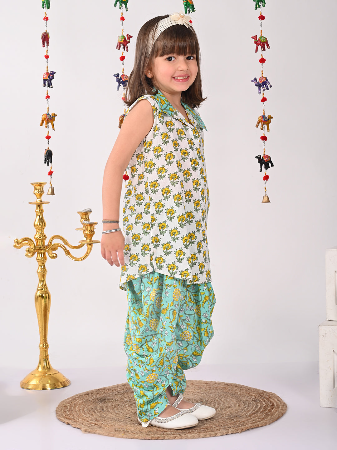 White and Green printed shirt style Kurti with green printed dhoti