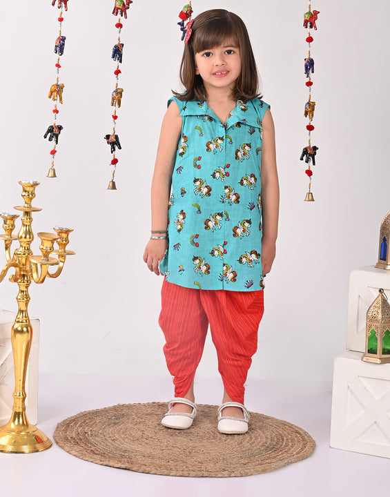 Blue unicorn printed shirt style Kurti with red dhoti