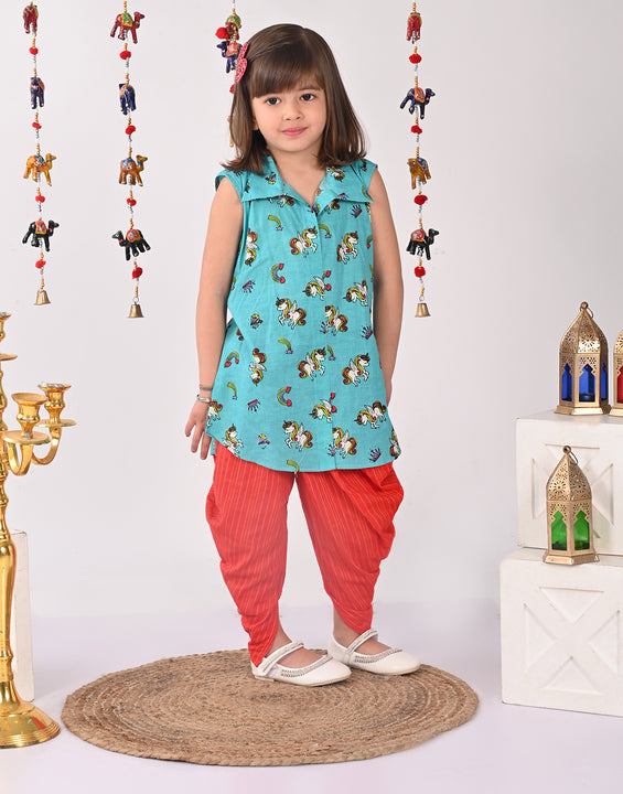 Blue unicorn printed shirt style Kurti with red dhoti
