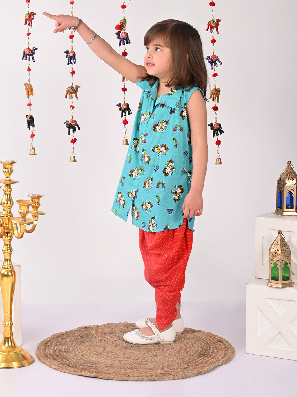 Blue unicorn printed shirt style Kurti with red dhoti