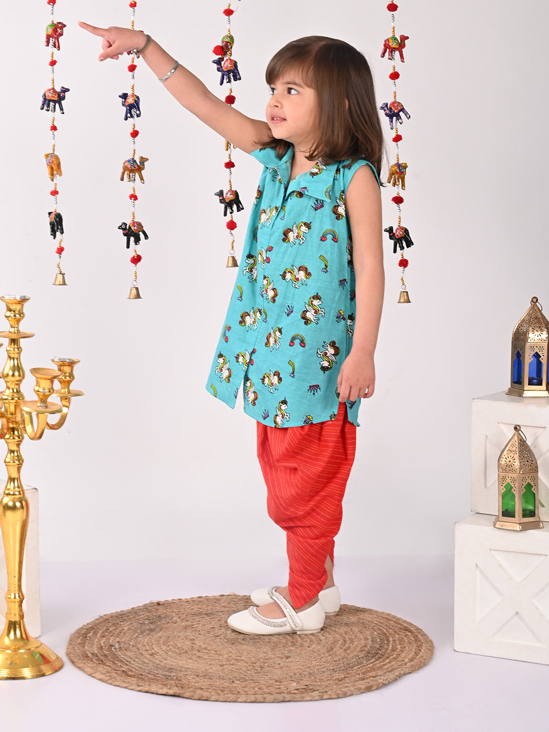 Blue unicorn printed shirt style Kurti with red dhoti