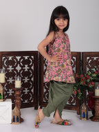Pink floral printed Kurti with green dhoti