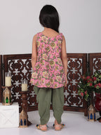 Pink floral printed Kurti with green dhoti