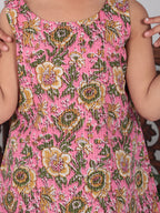 Pink floral printed Kurti with green dhoti
