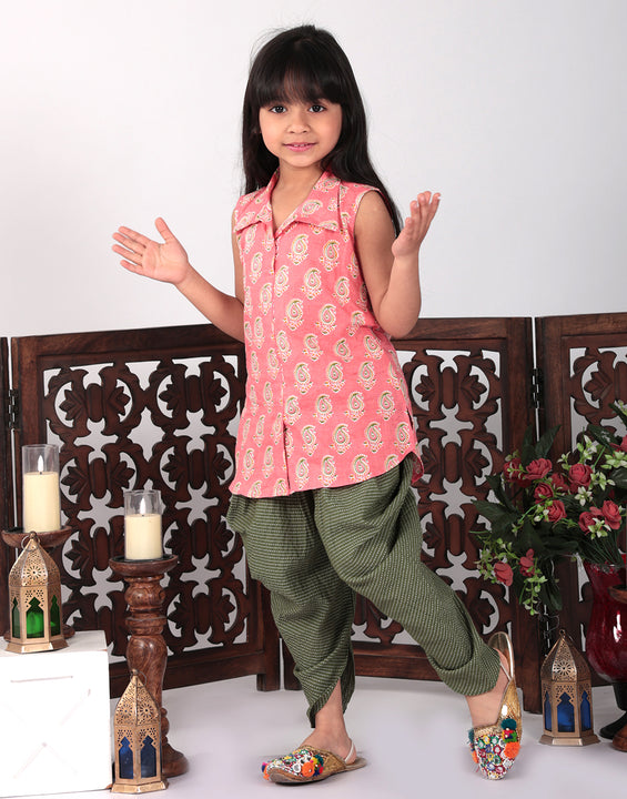 Pink printed shirt style Kurti with green dhoti