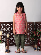 Pink printed shirt style Kurti with green dhoti