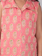 Pink printed shirt style Kurti with green dhoti