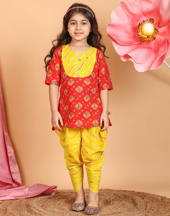 Red Printed Cotton 3/4 sleeves Kurti with yellow lehriya dhoti