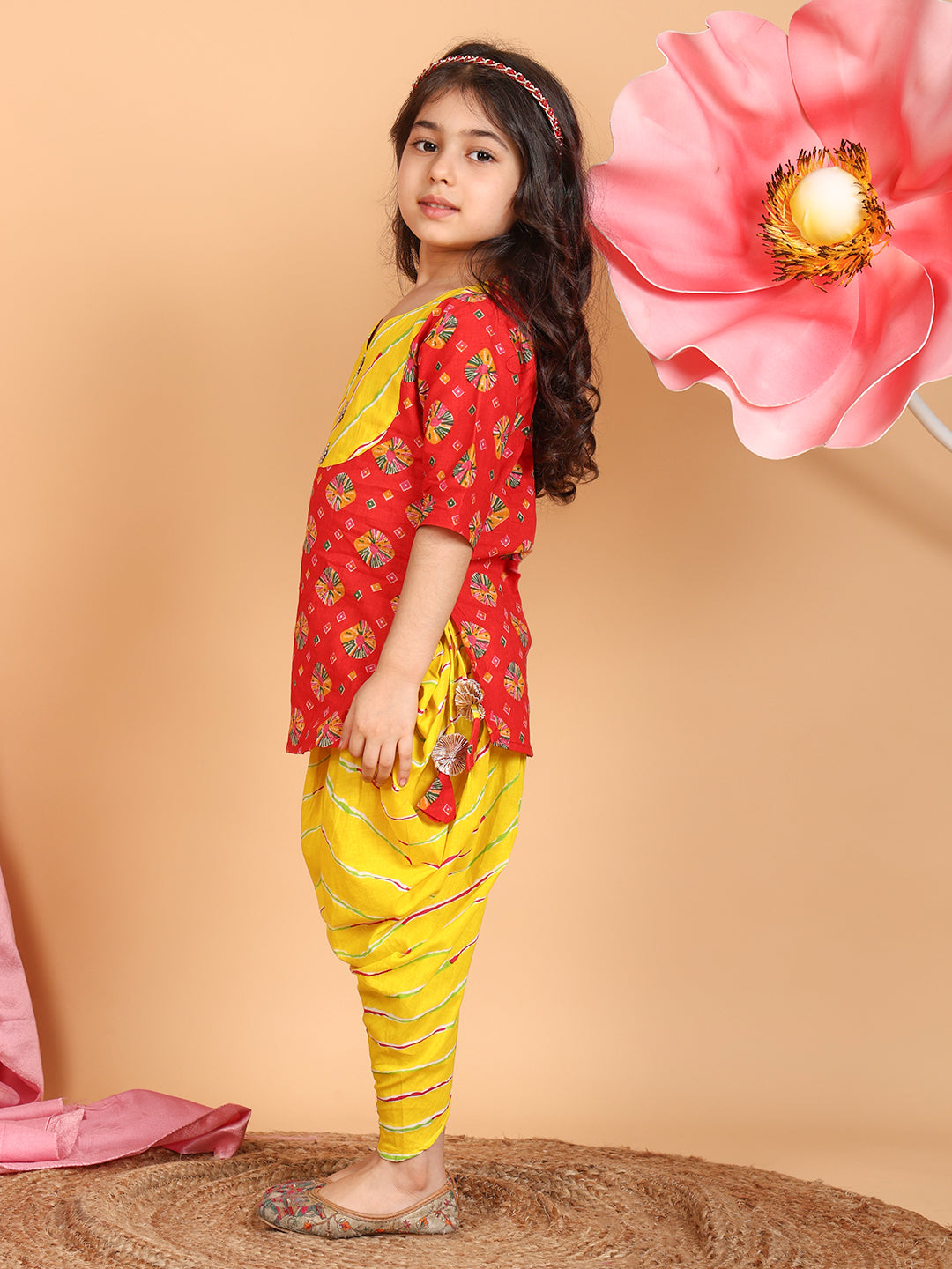 Red Printed Cotton 3/4 sleeves Kurti with yellow lehriya dhoti