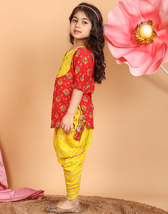 Red Printed Cotton 3/4 sleeves Kurti with yellow lehriya dhoti