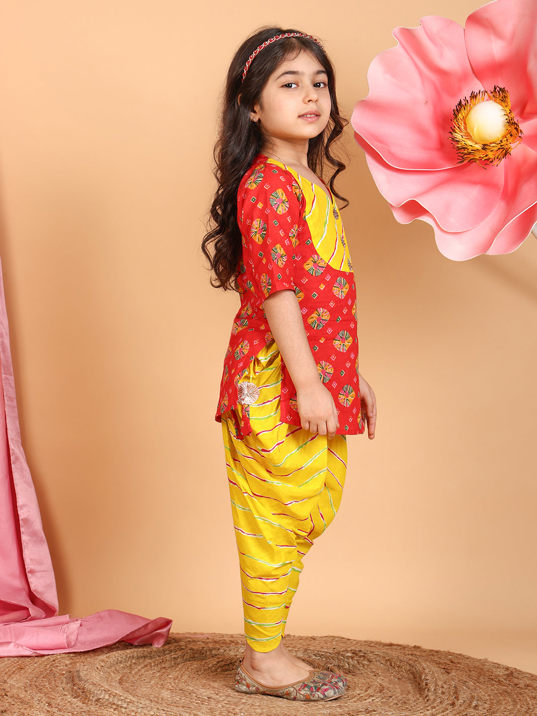 Red Printed Cotton 3/4 sleeves Kurti with yellow lehriya dhoti