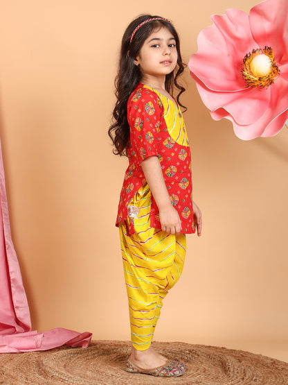 Red Printed Cotton 3/4 sleeves Kurti with yellow lehriya dhoti