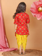 Red Printed Cotton 3/4 sleeves Kurti with yellow lehriya dhoti