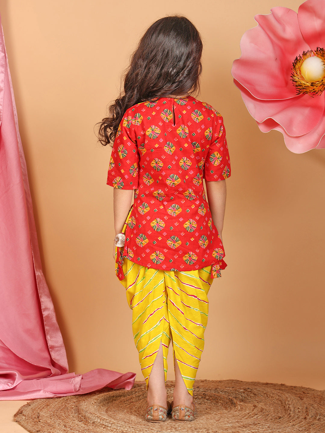 Red Printed Cotton 3/4 sleeves Kurti with yellow lehriya dhoti