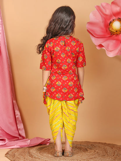 Red Printed Cotton 3/4 sleeves Kurti with yellow lehriya dhoti