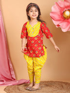 Red Printed Cotton 3/4 sleeves Kurti with yellow lehriya dhoti