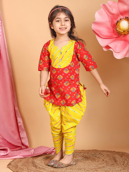 Red Printed Cotton 3/4 sleeves Kurti with yellow lehriya dhoti