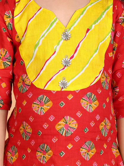 Red Printed Cotton 3/4 sleeves Kurti with yellow lehriya dhoti