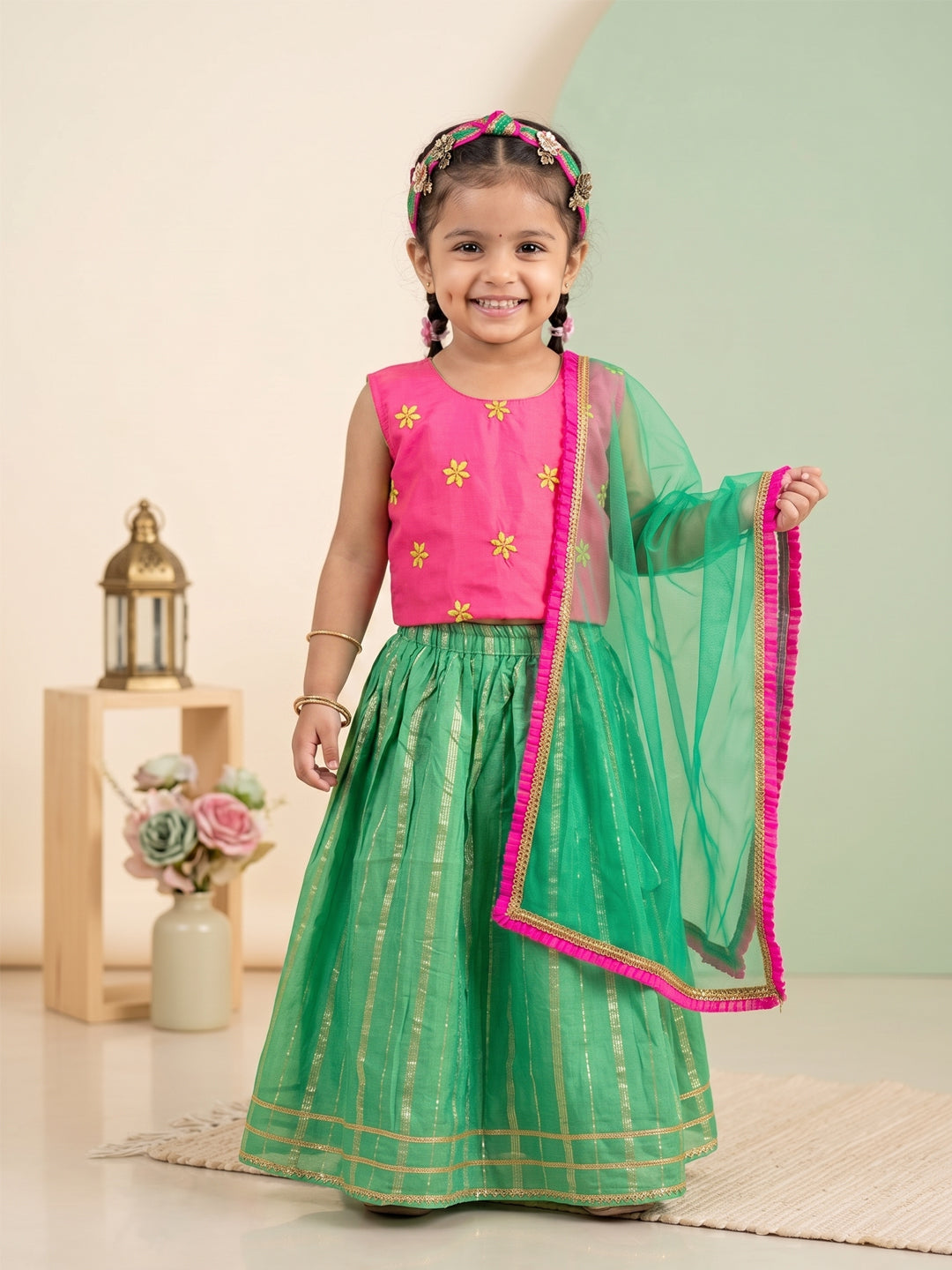 Kinder Kids Green Lehenga with Pink Embroidered Top and Dupatta